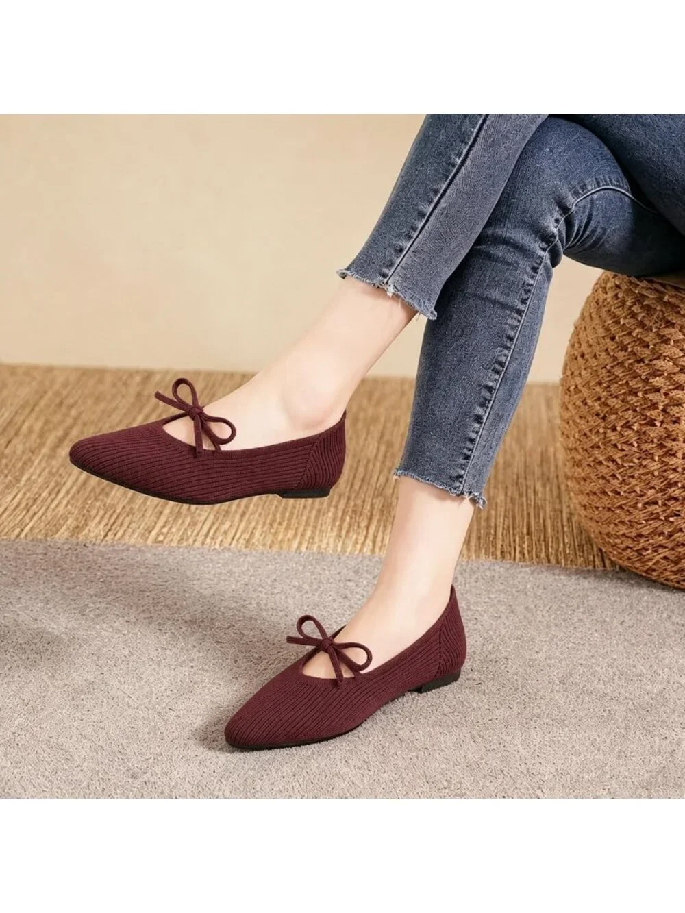 Women's Burgundy Pointed Toe Flats Comfortable Knit Ballet Shoes Washable Dressy